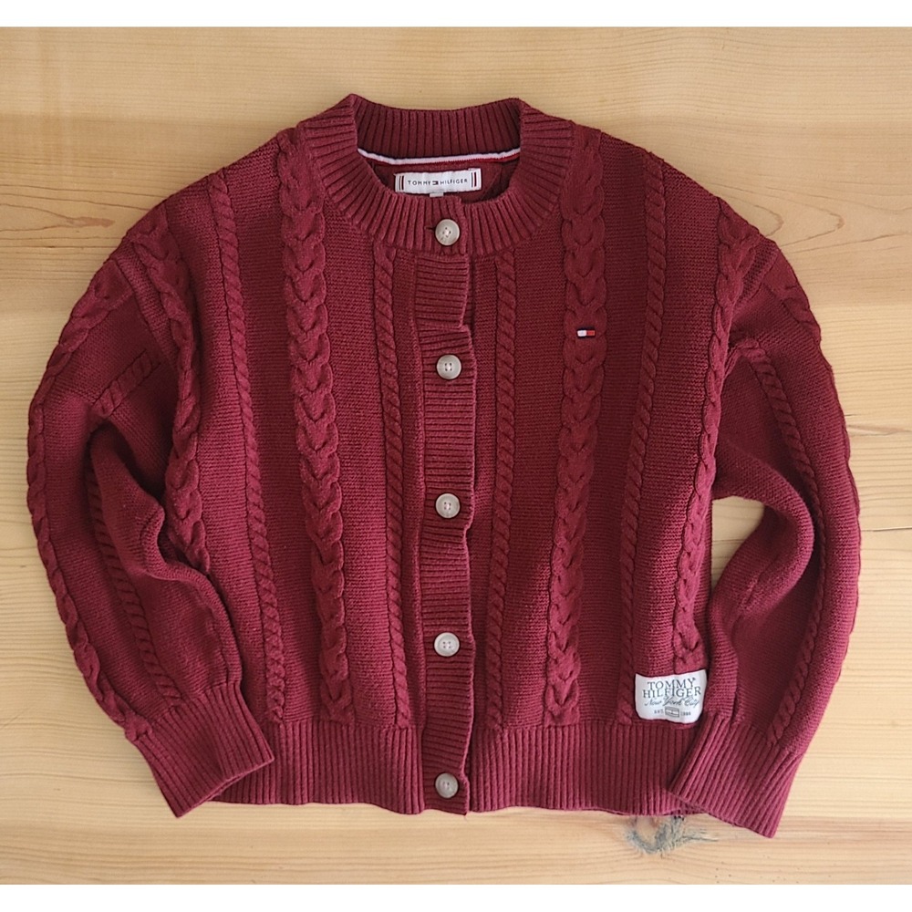 Tommy Hilfiger Kids Burgundy Cable Knit Cotton Button Front Cardigan Sweater 152